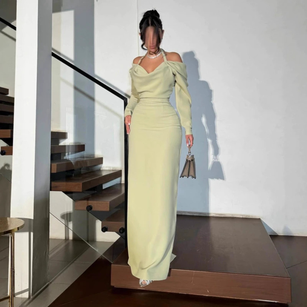 Spring Summer Elegant Sexy Bodycon Offshoulder Halter Tie Longsleeve Party Dress